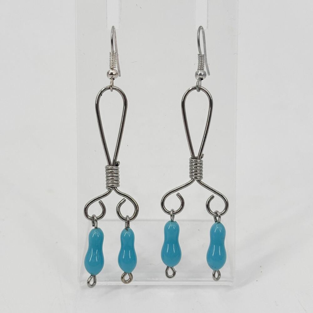 Boho Silvertone Wire Wrapped Dangle‎ Earrings with Blue Beads Statement Jewelry